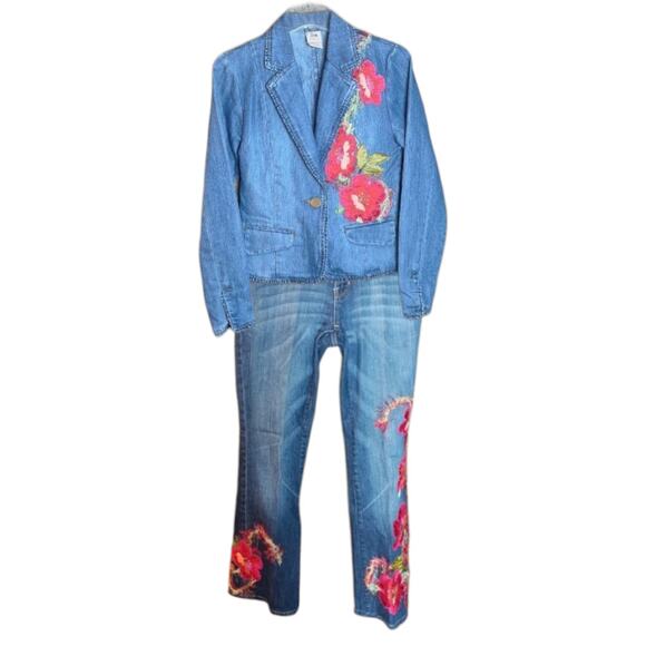 Vintage Canadian Tuxedo Denim Jean Outfit Y2k Floral Embroidered Women 4 Small - Picture 2 of 9